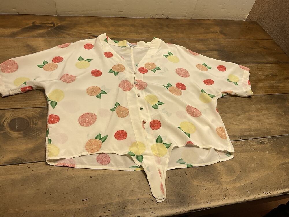 Rails Women White Citrus Fruit Print 100% Silk Tie Front V-Neck Blouse Small
